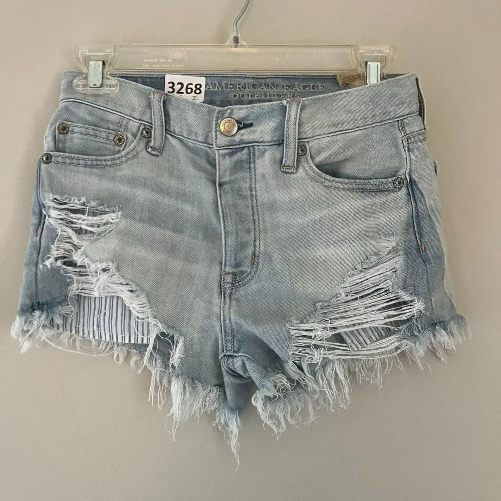 American Eagle Outfitters Womens Blue Hi Rise Raw Hem Denim Shorts Size 00